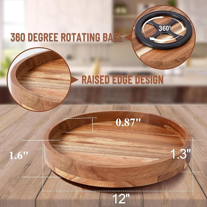 12" Acacia Wood Lazy Susan Organizer for Cabinet,Lazy Susan for Countertop