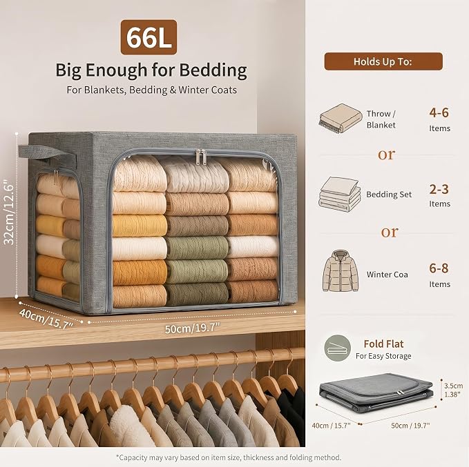 GoMaihe 3 Opening Clothes Storage Bins with Metal Frame, 66L Blanket Storage Organizer for Walk-in Closet Large Storage Boxes with Clear Window for Bedding Winter Clothing 3-Pack Grey