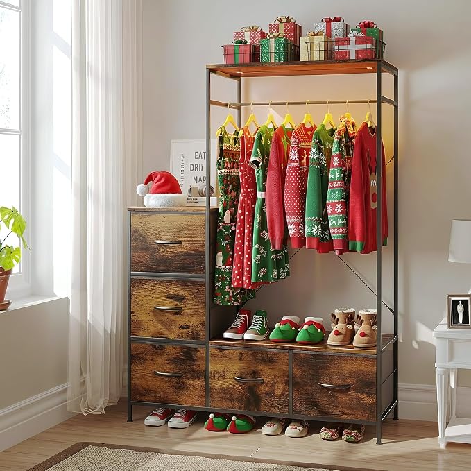 Clothing Rack with Fabric Drawers & LED Lights, 39.4W*57H Dresser with Hanging Rack, Free Standing Wardrobe Closet with Shelves, Closet Organizer with Drawers for Bedroom, Small Space, Apartment