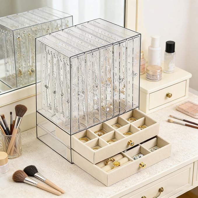 Greenfeather Jewelry Organizers and Storage, Clear Acrylic Jewelry Box with 40 Necklace Hooks 120 Pairs of Earring Holes 2 Velvet-Lined Drawers for Rings Necklaces Earrings