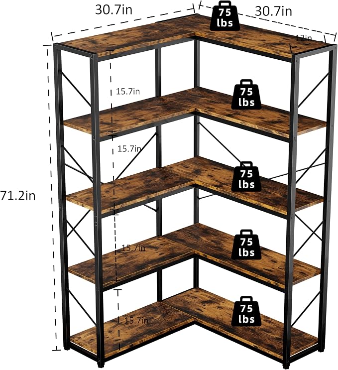 Shintenchi 5 Tier Corner Bookshelf,L Shaped Bookcase,Large Etagere Bookcase,Corner Shelf Display Storage Rack with Metal Frame for Living Room Bedroom Office,Rustic Brown