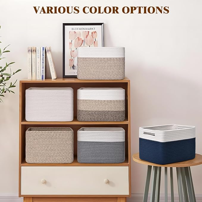 Storage Baskets for Organizing, 4 Pack Baskets for Shelves, Decorative Storage Bins for Shelves, Cotton Rope Storage Basket with Handles, Woven Basket for Storage, 13''Lx8.7''Wx7.9''H, Brown