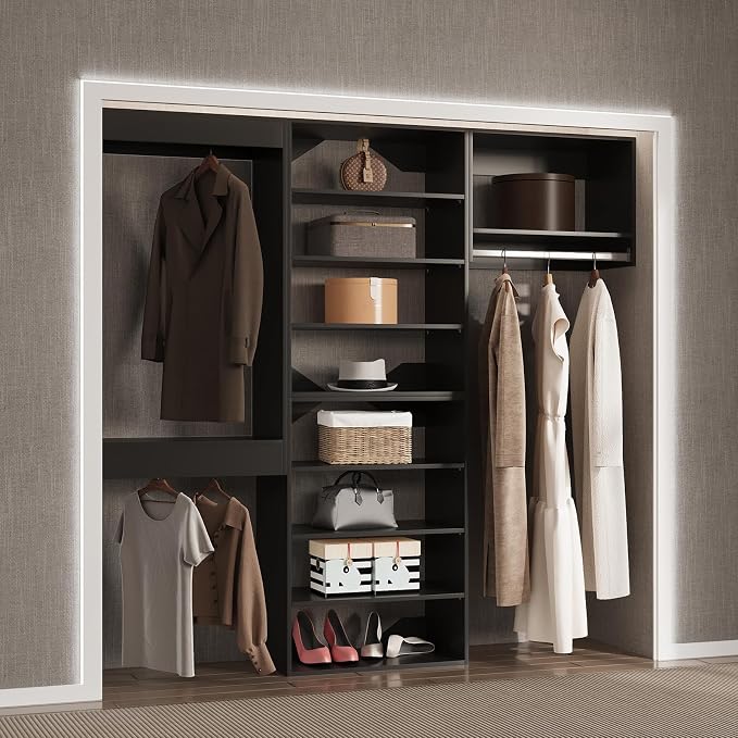 Modular Closet, 96' Wide Wardrobe Organizer With Towers and Hanging, Wood Tower Storage for Walk-In Closets, Wall-Mounted Organizer, Black