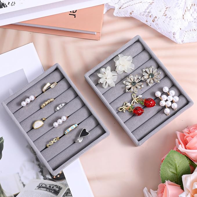 Xthrotsenk 2pcs Small Ring Organizer Ring Holder Display Tray Velvet Rings Earrings Insert Holder for Girl Store Selling or Home Show Storage Jewelry Box, Drawer(Grey)