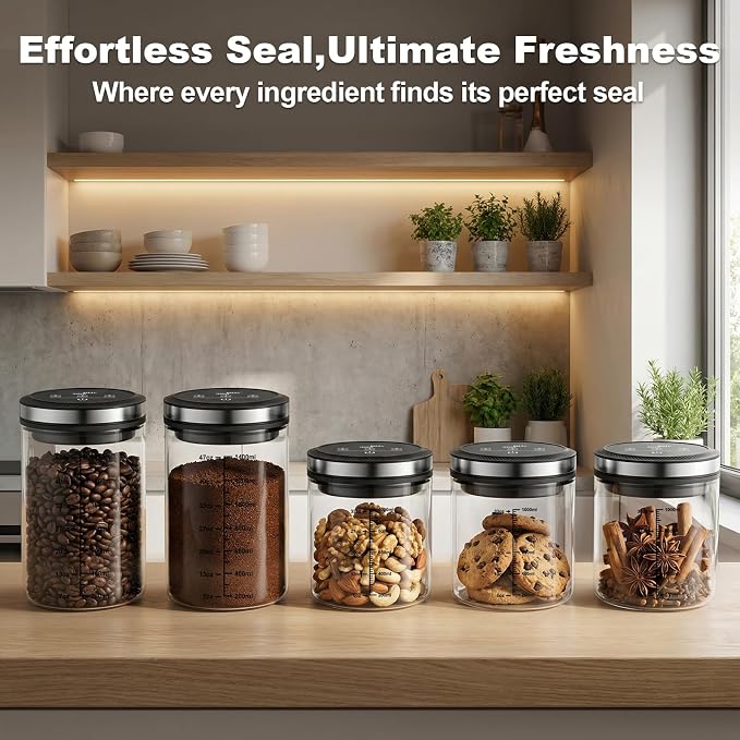 Vacuum Coffee Canister, 1.6L Large Capacity Airtight Coffee Container with Graduated Scale and Vacuum Duration Display. Features Transparent Borosilicate Glass Construction