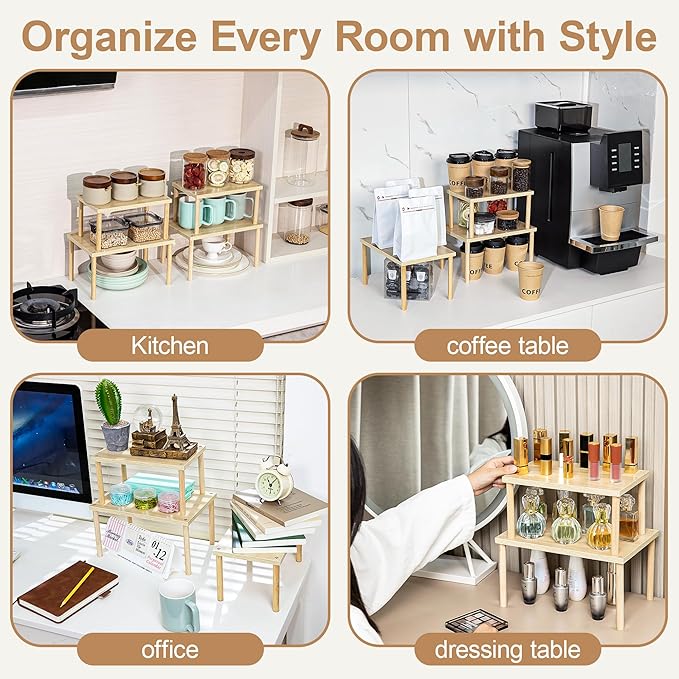 Aminigram Wood Cabinet Organizer Shelf, Set of 4 Kitchen Counter Shelves, Stackable Plate Organizer for Cabinet, Pantry Cupboard Dish Mug Cup Storage Shelf