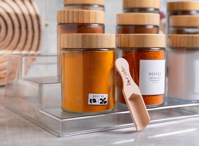 Glass Spice Jars & Labels- 8oz with Bamboo Lids - Spice Containers with 360 labels, Bamboo Lids & Measuring Spoons - Pantry Organization Storage Set for Spices Herbs Seasonings (12)