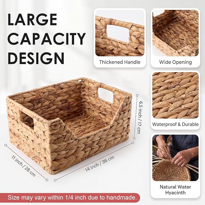 Mifoci Water Hyacinth Wicker Storage Basket with Open Front Stackable Bin Basket and Handles for Pantry Shelves Gift Toys Decorative Natural Rectangular Handwoven Basket for Home Decor