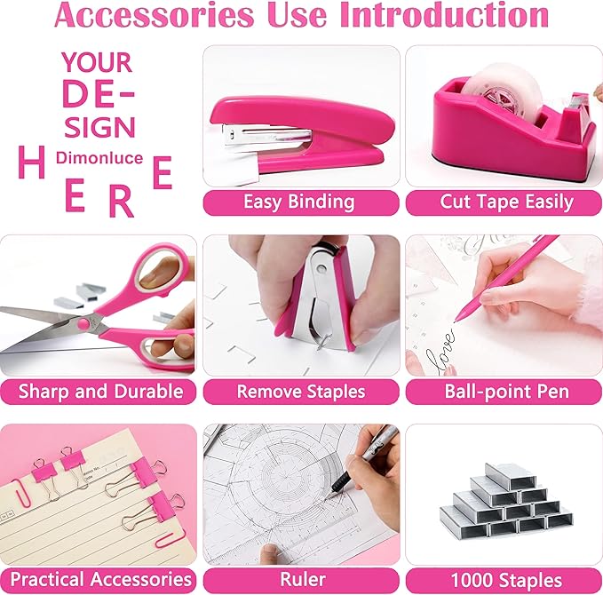 Dimonluce Hot Pink Desk Accessories, Hot Pink Office Supplies Accessories with Tape Dispenser, Stapler, Staple Remover, 1000 Staples, Tape, Clips Set, Ruler, Scissor, Pen