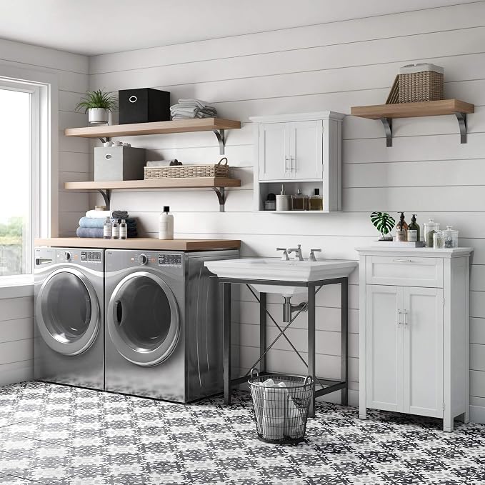 RiverRidge Somerset Two-Door Bathroom Wall Mount Medicine Cabinet, White | Open Display Shelf, Adjustable Interior Shelf, Two-Tone Handles, Space-Saving, Laundry Storage
