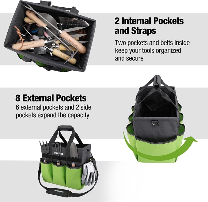 WORKPRO Garden Tool Bag, 10 Pockets and Shoulder Strap, Green | Heavy Duty Gardening Organizer Tote Bag Standable Garden Home Tool Kits Organizer (Tools are not Included)