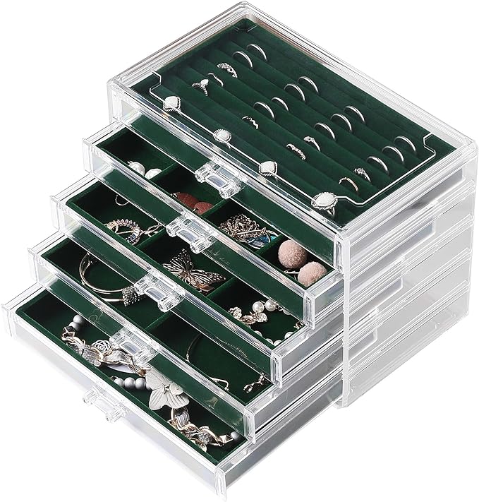 Frebeauty Extra Large Acrylic Jewelry Box for Women 5 Layers Clear Jewelry Organizer Velvet Earring Box with 5 Drawers Rings Display Case Necklaces Holder Tray for Women Girls(Blackish Green) | Jewelry Storage for Rings Earrings Bracelets,Dustproof,Vel...