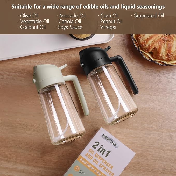 SWEET VIEW Oil Sprayer for Cooking 16oz/470ml | Glass Oil Dispenser/Pour Bottle, Kitchen Accessories, Kitchen Gadgets for Air Fryer, Salad, BBQ, with Stickers (Yellow)
