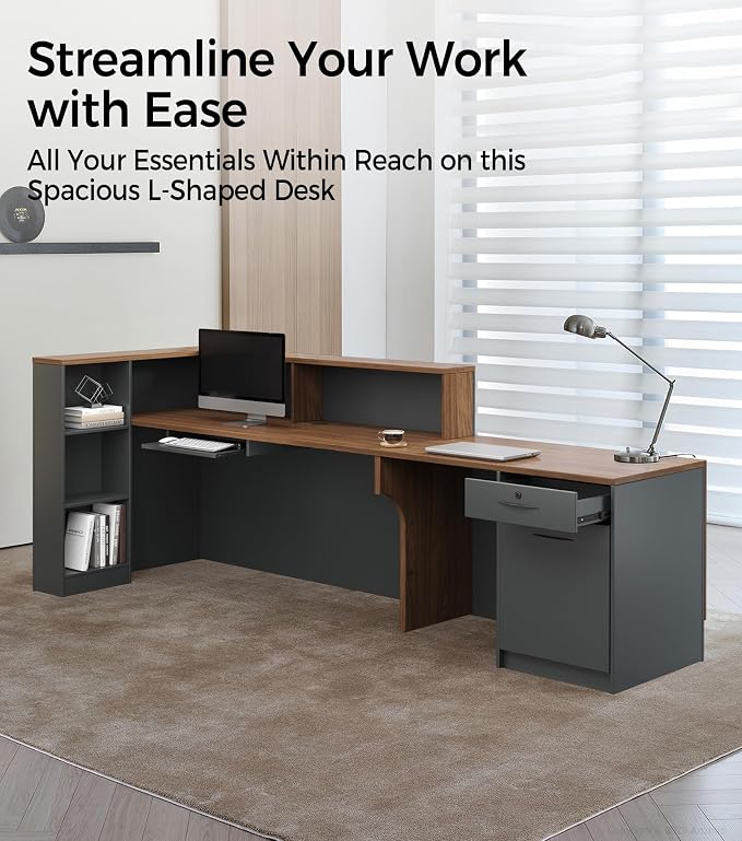 Modern L-Shaped Reception Desk with Counter - 71 inch Front Desk with Storage Cabinet, Open Shelves, Lockable Drawer & Keyboard Tray for Office, Lobby, Checkout (Red Walnut & Iron Gray - Left)