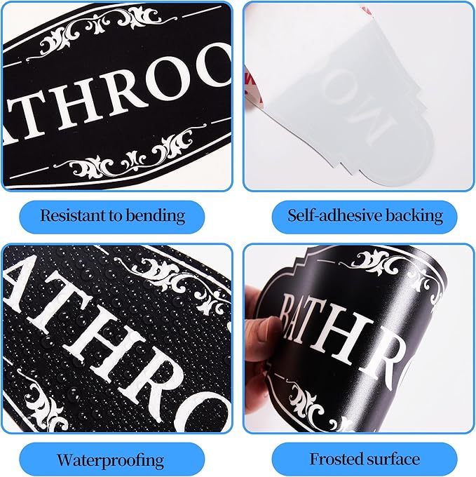 Bathroom Sign Sticker for Business and Home,Self-adhesive Restroom Sign | Cute Bathroom Decor for Door,Waterproof Vinyl Restroom Sign for Home,Office,Shop（Black）