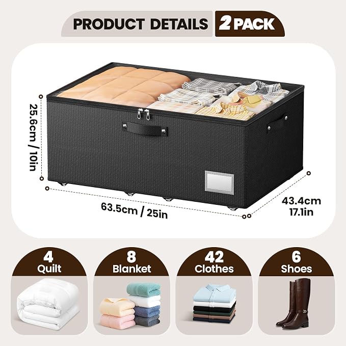 Dayacoco Under Bed Storage With Wheels,10in Underbed Storage Containers 65L | Large Capacity Underbed Storage, No Assembly Required Rolling Under Bed Storage for Clothes Blankets Shoes Black