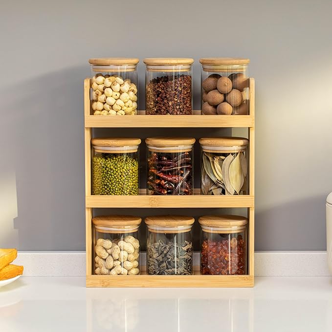 Basicwise Versatile 3-Tier Bamboo Spice Rack and Pantry Organizer with 9 Glass Jars – Perfect for Countertop Storage in Kitchens to Keep Seasoning Containers Neatly Displayed and Easily Accessible