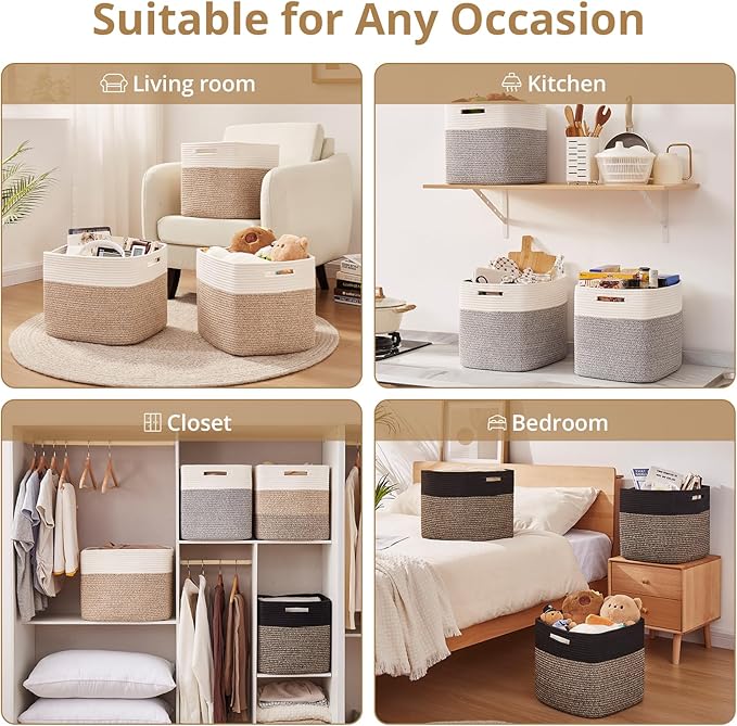 OIAHOMY 13 Inch Cube Storage Bins, 3-Pack Cotton Rope Woven Baskets for Organizing, Insert Storage Baskets for Shelves, Baby Nursery, Closet Organizer, 15 * 13 * 12.6IN, Brown & White