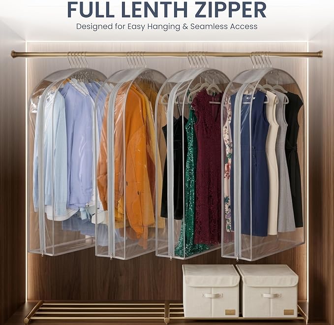 Garment Bags for Dresses, 24" Extra Wide All Clear Garment Covers with Side Zipper, 40" Suit Bags for Closet Storage, Travel Garment Bag for Hanging Clothes – Pack of 4