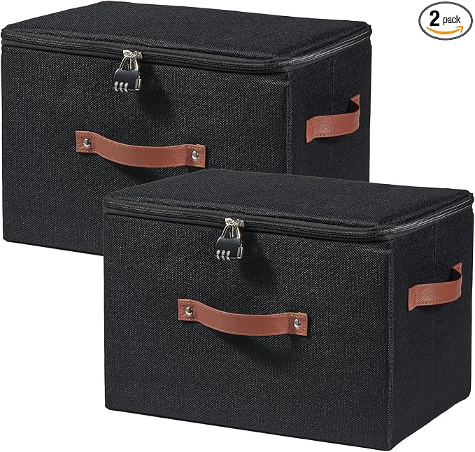 2PCS Storage Bins Boxes with Zipper Lid Combination Lock PU Leather Handles Cotton Linen Fabric Lidded Lockable Baskets Foldable Washable Closet Shelf Organizer Container (Black, Large)