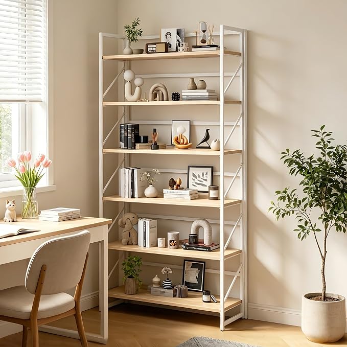 JSB 6 Tier No Assembly Folding Bookshelf, 30.7" Wide Foldable Storage Bookcase for Home Office, Space-Saving Storage Shelf for Living Room (White)