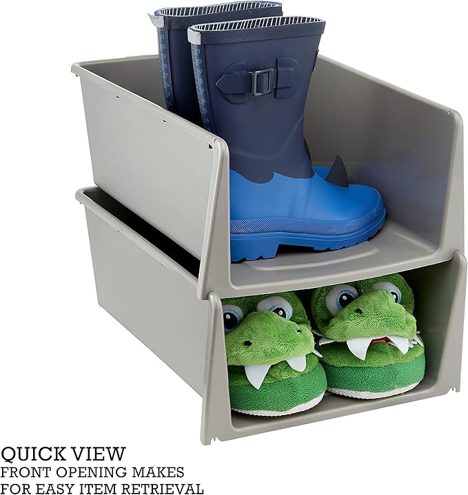 Stackable Storage Containers with Open Front, 3 Pack, Great Organizing Bins for Pantry, Closet, Bedroom, and all Storage, Grey, 15.2” x 10.6” x 6.0”