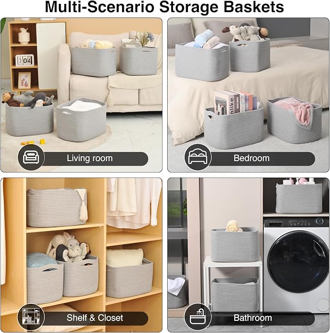 ICERZCZ Storage Baskets for Organizing & Shelves, Woven Cotton Rope Organization Bins for Dog Toys, Clothes, Books, Nursery Organizer, 15" Lx11 Wx9.5 H, (4 Packs) Grey