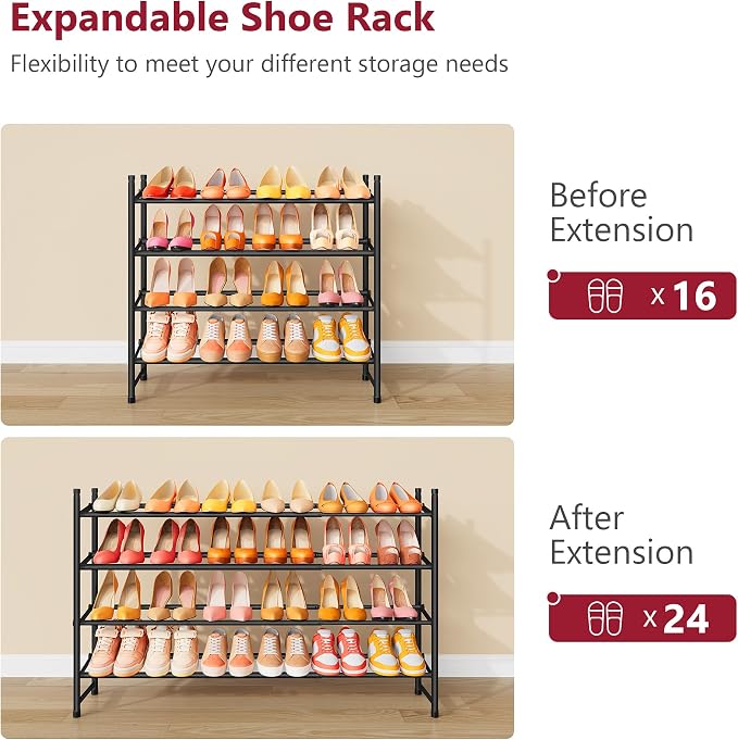Tajsoon Expandable Shoe Rack for Closet 4 Tier, 29“-41“Adjustable & Stackable Shoe Shelf Storage, Metal Shoe Rack Organizer for Front Door Entrance, Closet, Garage, Entryway, Black