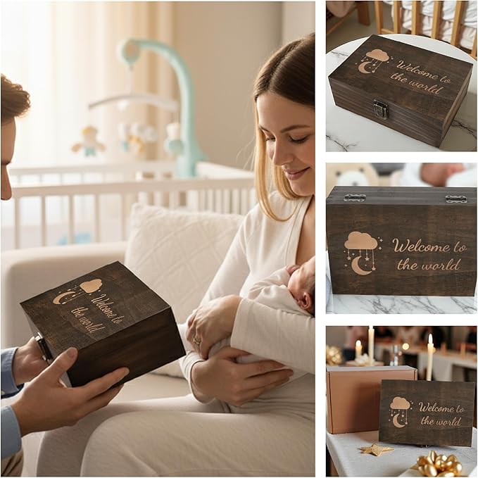 Engraved Baby Memory Box – Wooden Keepsake Box for Newborn Milestones, First Tooth, Hospital Bracelet – Medium Size – Dark Walnut Finish – 8.5 x 6 x 3 in