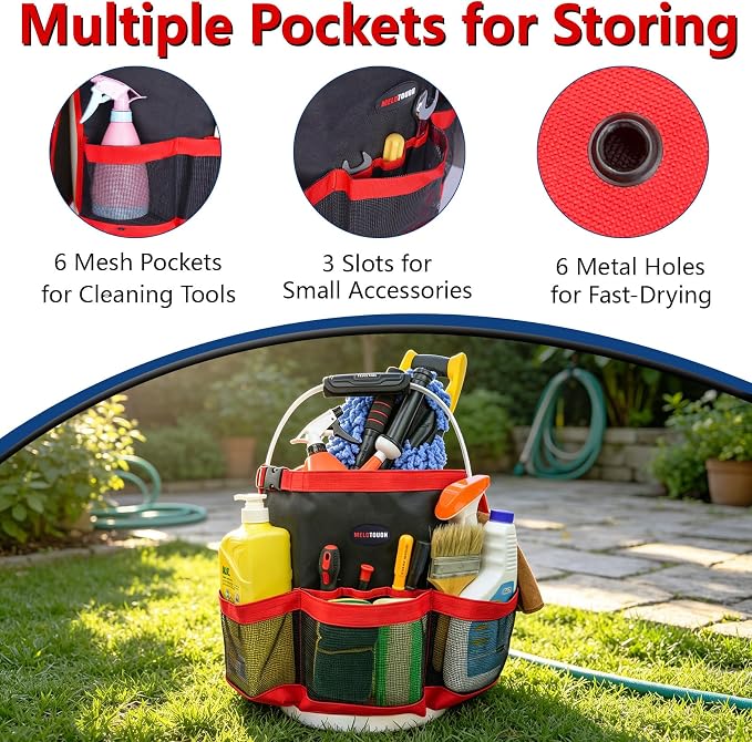 MELOTOUGH Bucket Tool Organizer Car Wash for Garden | Multiple Compartments, Fit 3.5-5 Gal Buckets, Durable Mesh Pockets, Water-Resistant, Easy To Carry, Car Washing