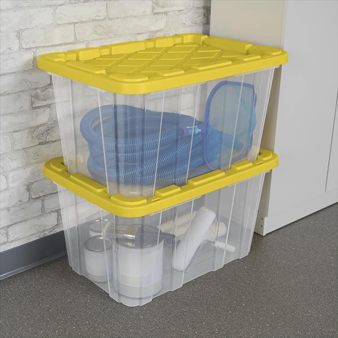 Large Industrial Storage Bins with Lids, 27 Gallon Clear Plastic Tote for Garage & Basement, Heavy Duty Stackable Totes for Storage and Organization, Yellow, 4-Pack