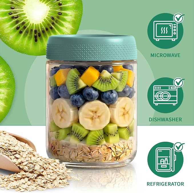 Glass Jar with Lid, Mason Jars 16 oz with Lids, Green Overnight Oats Jars | 6 Pack Glass Storage Containers with Lids, Yogurt Containers with Lids, Airtight Glass jars for Salad, Sugar, Parfait, Candy