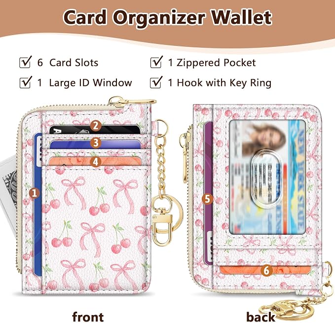 GIANCOMICS Slim Wallet Women, Credit Card Holder, Small Rfid Cherry Bow | Keychain Mini RFID Blocking, Travel, Cute Thin Flat Pocket Purse Case, Girl Ladies Female Gift, Zipper PU Leather ID Window