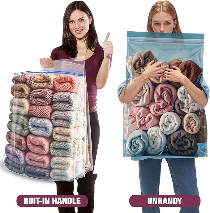 15 Gallon Large Storage Bags, 24" x 24" Clear Plastic Zipper Bags with Handles, Extra Large XL Heavy Duty for Travel Home Moving, Pack of 12