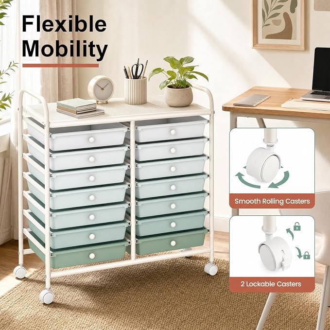 GOFLAME 12-Drawer Rolling Storage Cart, Art Craft Organizer Cart, Mobile Utility Storage Cart with Removable Drawers & Lockable Wheels, Craft Cart for Home Office School, Green Gradient