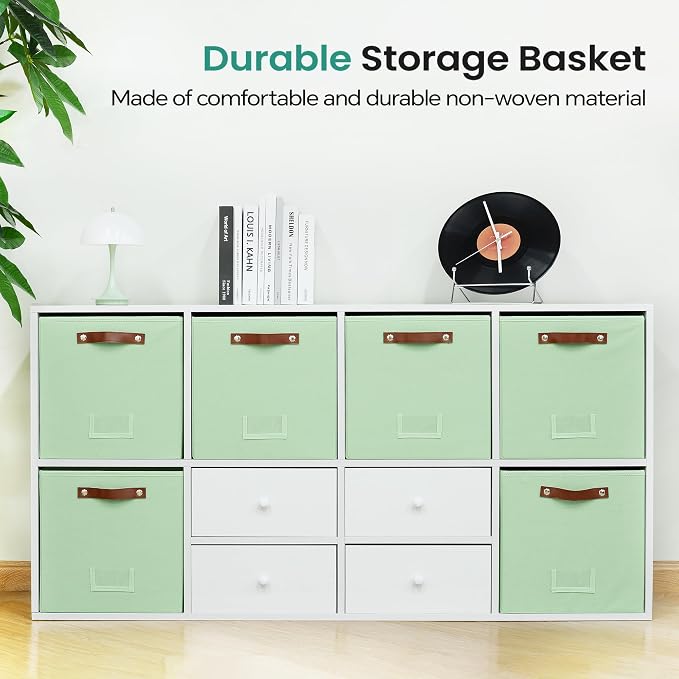 FinishingBo 13 inch Storage Bins with Labels 6 Pack | PU Leather Handles, Foldable Storage Cubes, Storage Baskets, Closet Storage, Green