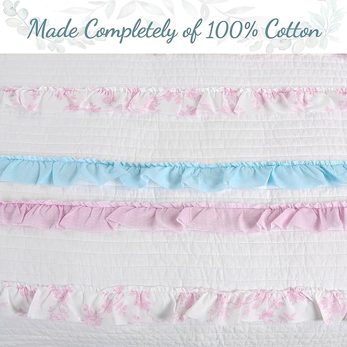 Cozy Line Home Fashions Light Pink Blue Coral White Ruffle 100% Cotton Reversible Girl Quilt Bedding Set, Reversible Coverlet Bedspread (Shabby Chic, Queen - 3 Piece)