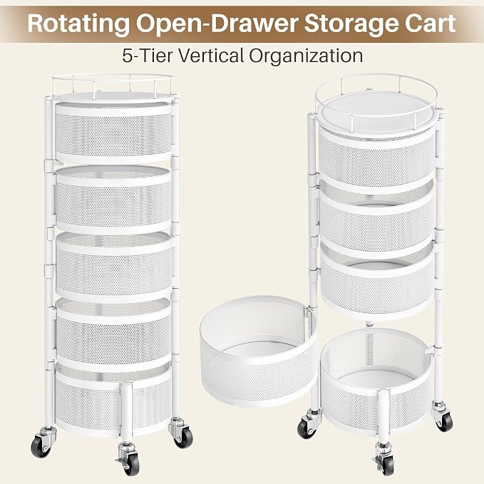 Rolling Drawer Storage Cart with 360° Rotating Open-Drawer Design, 5-Tier Metal Utility Cart with Round Storage Drawer for Kitchen, Bathroom, Laundry Room (White)