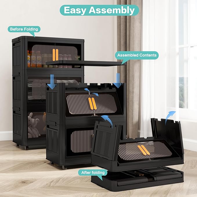 Foldable Storage Cabinet，Plastic Cabinet，Stackable Storage Bins， Open Front with Magnetic Door and Wheels(Black - 5Tiers)