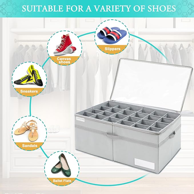 LUVHOMEE Shoe Organizer for Closet, Fits 24 Pairs, Large Shoe Box Storage Containers, Clear Foldable Shoe Storage Bins w/Bottom Support, Space Saving Closet Shoes Holder w/Reinforced Handles, Gray