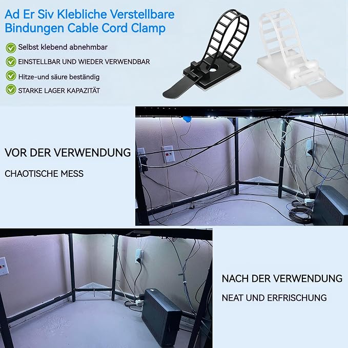 Cable Ties Cable Clips Wire Management Cord Clips Under,Desk Cable Management Reusable Zip Ties Wire Organizer Under Desk 50 packs (White)