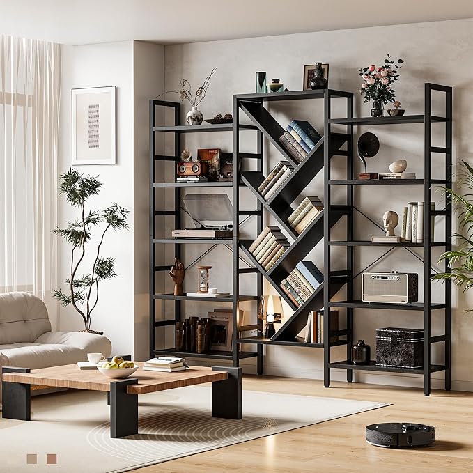 INNOD 70x70” Triple 5 Tier Book Shelf, Large Wooden Bookcase with 17 Open Display Shelf, Modern Tree Bookshelf Metal Frame Tall Book Case Furniture for Living Room Bedroom Home Office Black