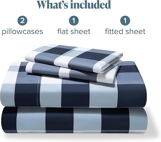 Bare Home Full Sheet Set - Luxury 1800 Ultra- Soft Double Brushed Microfiber - Deep Pockets - Easy Fit - 4 Piece Bedding Sheet Set (Full, Gingham Blue)