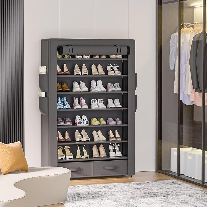 OYREL Shoe Rack Storage Cabinet 32 Pairs Organizer Shelf Tall for Shoes Large Free Standing Racks Vertical Shoe Holder Stand with Cover Two Boxes Closet