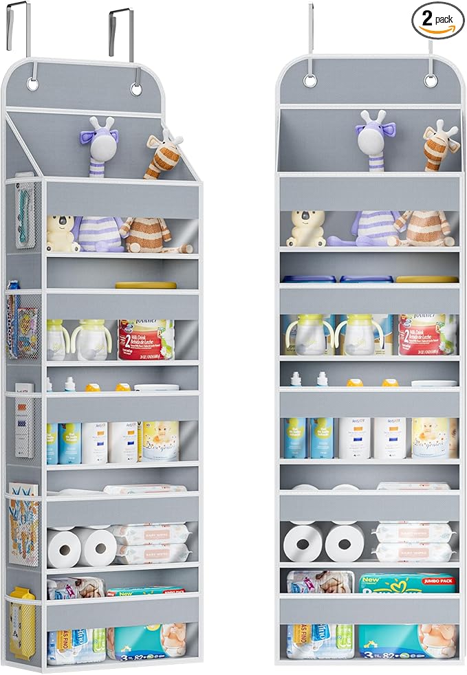 COOLBEBE 2 PC Over the Door Organizer, 5-Tier Organizer Hanging with Clear Window, Large Capacity Behind the Door Storage Organizer for Baby Nursery Bedroom Closet and Baby Essentials (Grey)
