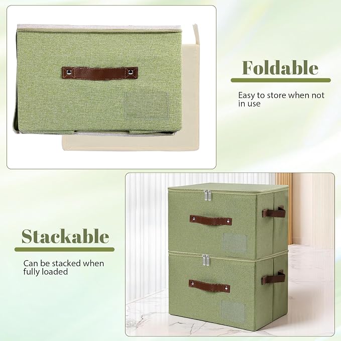 ANMINY Small Fabric Storage Box Bins with Zipper Lid, Washable Green | Cotton Linen Fabric, PP Board Frame, Label Holder, Stackable & Foldable, PU Handles, Dual-Zipper 3-Side Open Lid