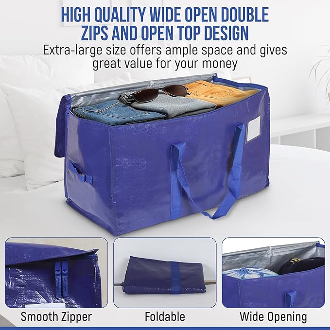 Heavy Duty Moving Bags 6 Pack, 90L Extra Large Storage Bags with Zipper & Handles, Waterproof Moving Box Alternative, Reusable Storage Bins for Clothes, Bedding, Dorm & Moving Supplies