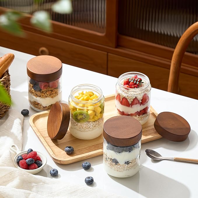 Danmu 16 oz Overnight Oats Containers with Lids,Mason Jars with Lids 4 Pack | Wooden Lid,Overnight Oats Jars,Overnight Oats Containers,Meal Prep Containers,Leak-proof,Dishwasher Safe(remove lids)