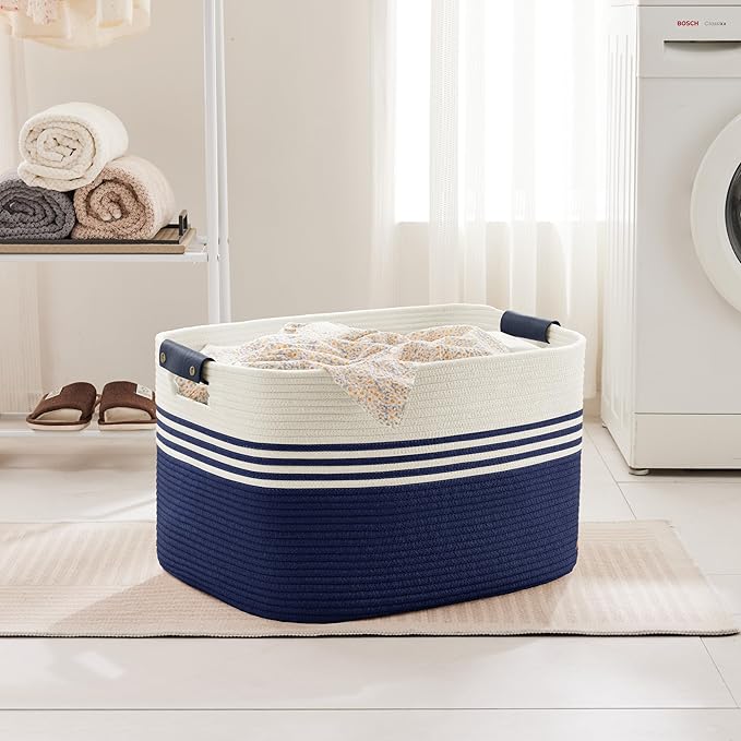100L Large Woven Laundry Basket Hamper with Leather Handles,Navy | 24"x16"x16", collapsible wicker hamper, storage for dirty clothes, toys, blankets, gifts, living room, bedroom, bathroom