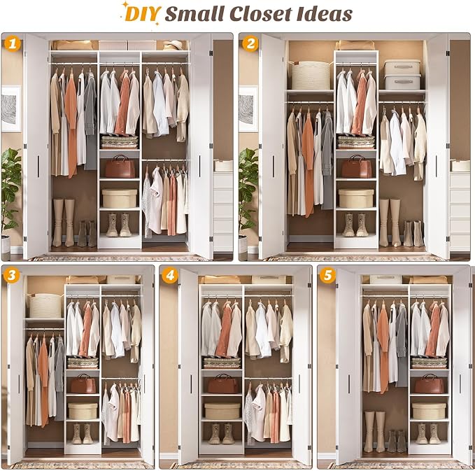 Cyclysio 4FT Small Closet System, 80"H Closet Organizer System with 4 Closets Rods & 3 Shelves, 48" Closets Organizers and Storage for Small Bedrooms, Laundry Rooms, Cloakrooms, White